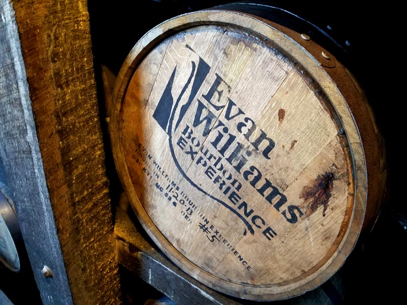 Barrel in rickhouse from Evan Williams Bourbon Experience