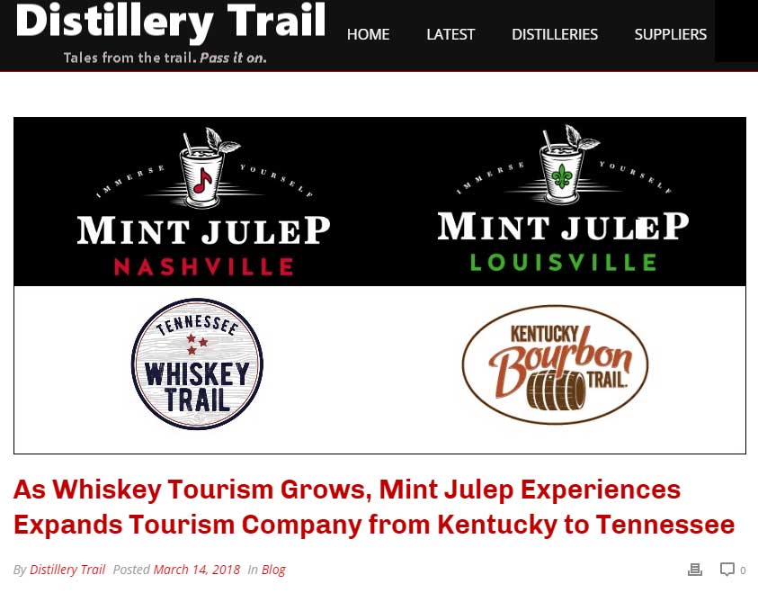 Distillery Trail: As Whiskey Tourism Grows, Mint Julep Experiences Expands Tourism Company from Kentucky to Tennessee