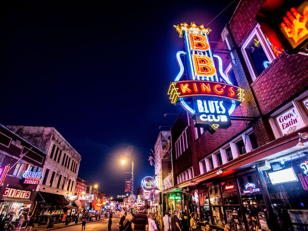 Beale Street at Night Memphis TN - neon sign of BB King's Blues Club