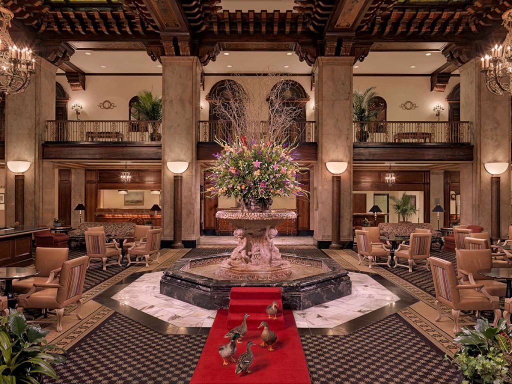 Lobby of the Peabody Hotel in Memphis TN with large water feature in center