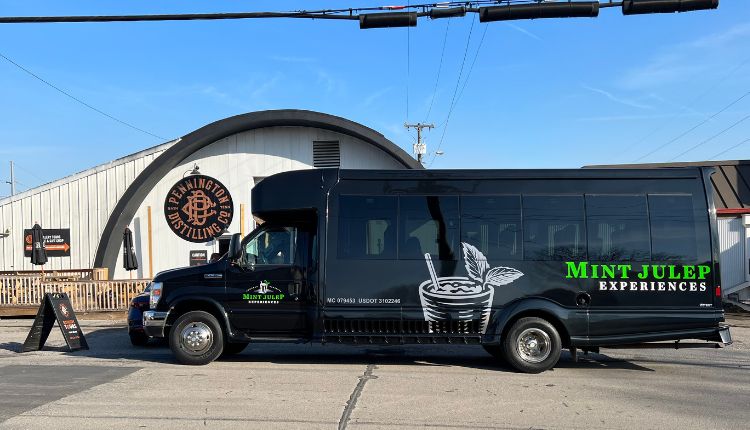 black mint julep experiences bus in front of Pennington distill co distillery Nashville on guided whiskey tour