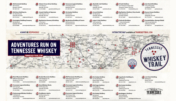 map of the Tennessee whiskey trail