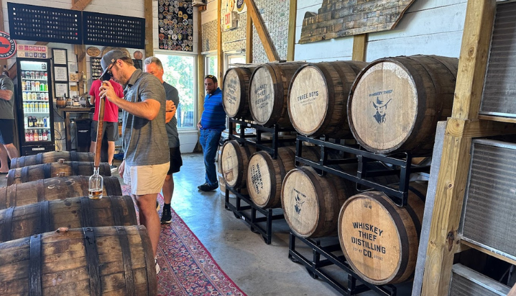 man pulling bourbon straight from the barrel with whiskey thief on bourbon tour from louisville