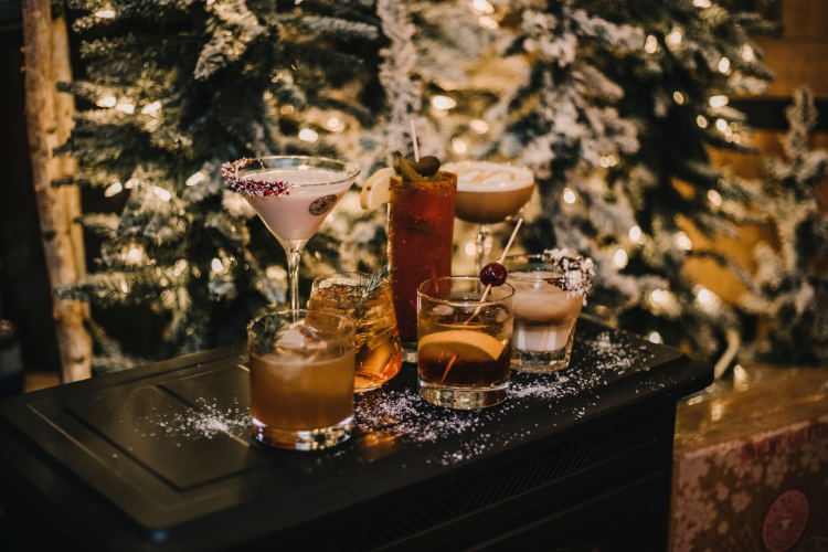 Festive holiday cocktails displayed on a table